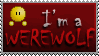 a dark red stamp with text that reads 'I'm a WEREWOLF' with a pixel animation of someone transforming into a werewolf on the top left