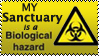 a yellow stamp with black text that reads 'MY Sanctuary is a Biological hazard' with a biohazard symbol in a yellow triangle on the right