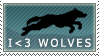 a blue stamp with an animation of a wolf running in the background, and white text that reads 'I <3 WOLVES'